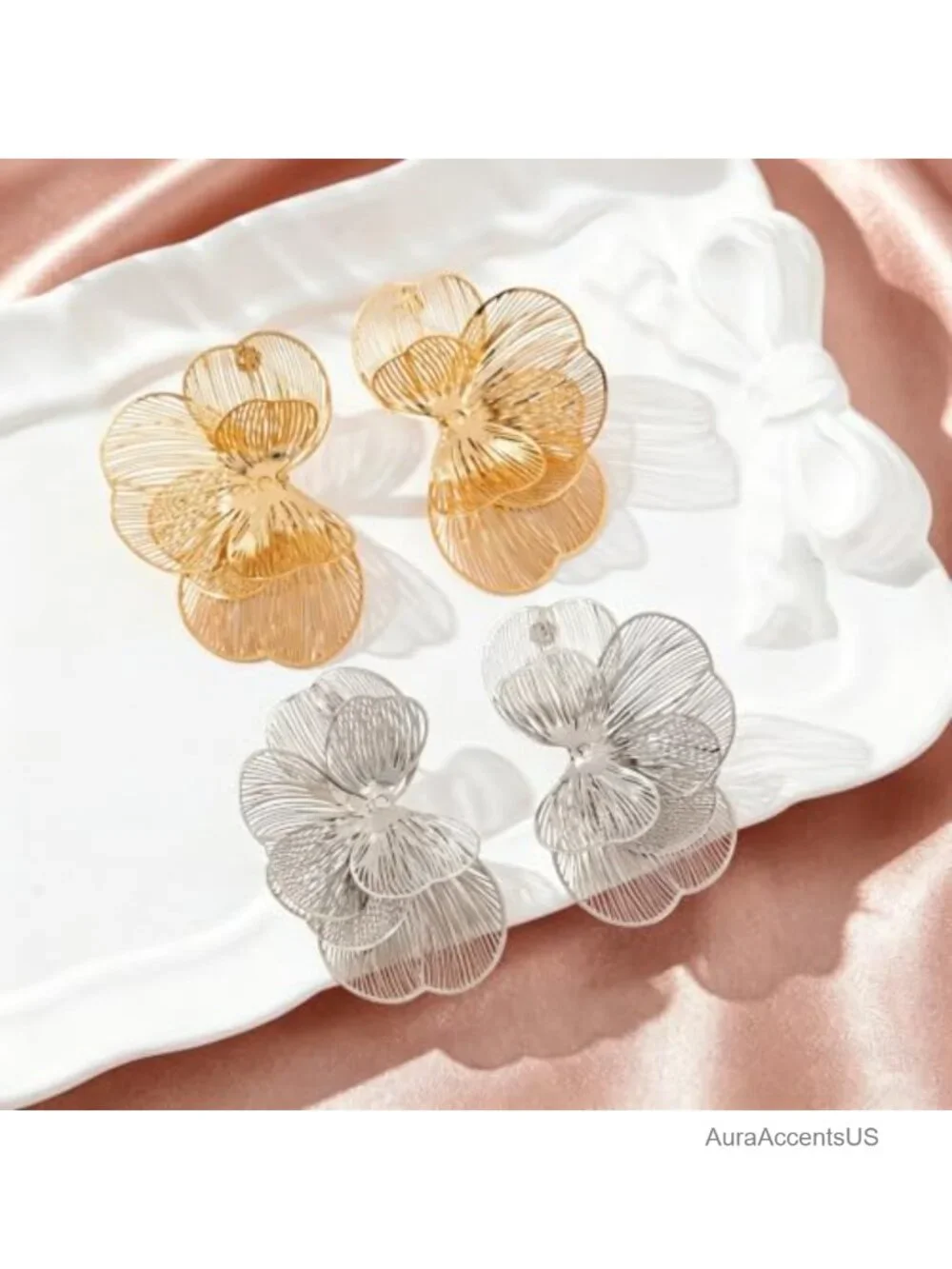 Oversized Gold Plated Stainless Steel Flower Drop Earrings Statement Floral